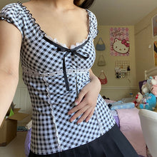 Kawaii Aesthetic Coquette Dollette Y2K High Waist Black Gingham Babydoll T-shirt