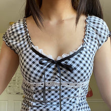 Kawaii Aesthetic Coquette Dollette Y2K High Waist Black Gingham Babydoll T-shirt