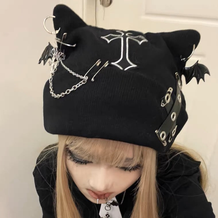 Harajuku Goth Y2K Visual Kei Cross Chains Bat Wing Cat Ear