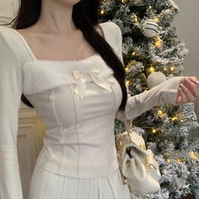 womens cute winter coquette dollette aesthetic outfits white fur trim long sleeve top