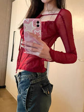 womens aesthetic clothes coquette red top bustier corset long sleeve mesh sheer blouse
