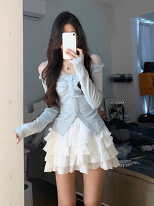 womens cute aesthetic korean outfits light blue off the shoulder top white mini skirt