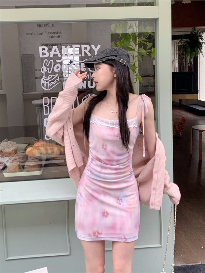 Womens Korean Coquette Aesthetic Cute Floral Light Pink Mini Dress – The Kawaii Factory