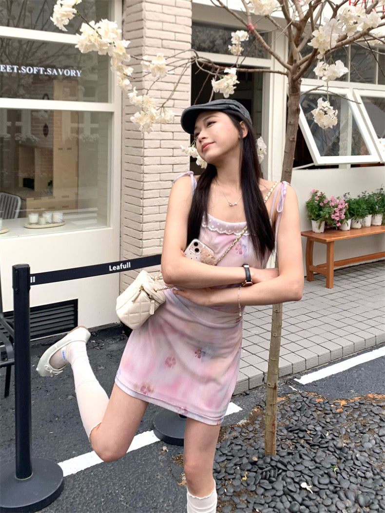 Womens Korean Coquette Aesthetic Cute Floral Light Pink Mini Dress – The  Kawaii Factory