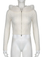 womens winter coquette aesthetic y2k zipper hoodie white cable knit sweater for women cropped cardigan with hood fur trim
