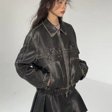 womens black leather jacket with bows