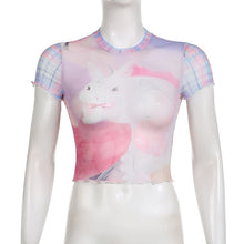 Harajuku Kawaii Aesthetic Pastel Y2K Bunny Print Mesh Tshirt
