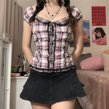Harajuku Kawaii Aesthetic Y2K 2000s Fashion Short Sleeve Pink Plaid Fitted Button Up Shirt