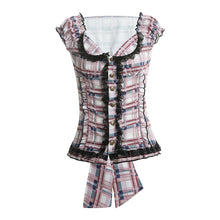 Harajuku Kawaii Aesthetic Y2K 2000s Fashion Short Sleeve Pink Plaid Fitted Button Up Shirt