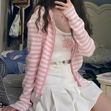 Harajuku Kawaii Aesthetic Y2K Pink Striped Hoodie Cardigan