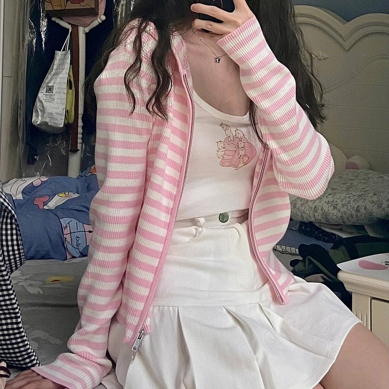 Harajuku Kawaii Aesthetic Y2K Pink Striped Hoodie Cardigan – The