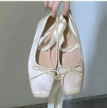 adult womens shoes white satin ballet flats with criss cross laces and bow