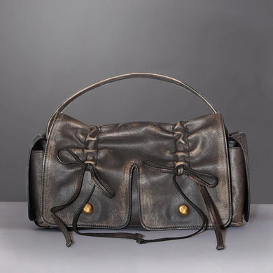 womens y2k aesthetic bags distressed leather bow bag multipocket bag brown leather handbag shoulder bag