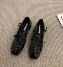womens aesthetic shoes patent leather square toe low heel black criss cross ballet flats