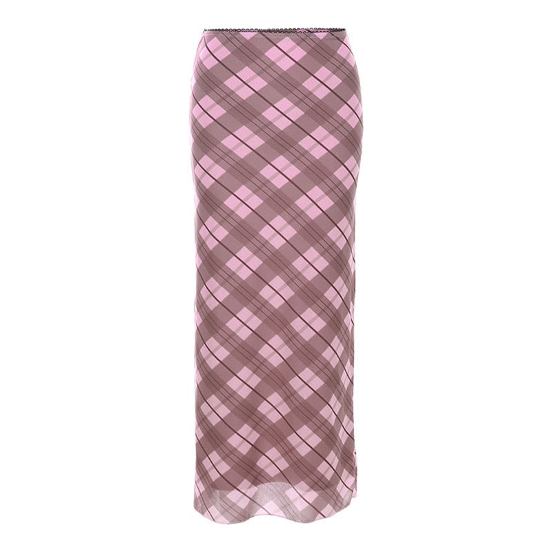 Y2K Fairy Grunge 90s Aesthetic Pink Checkered Maxi Skirt