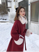 Korean Style Old Money Aesthetic Elegant Cherry Red Faux Fur Trim Midi Coat