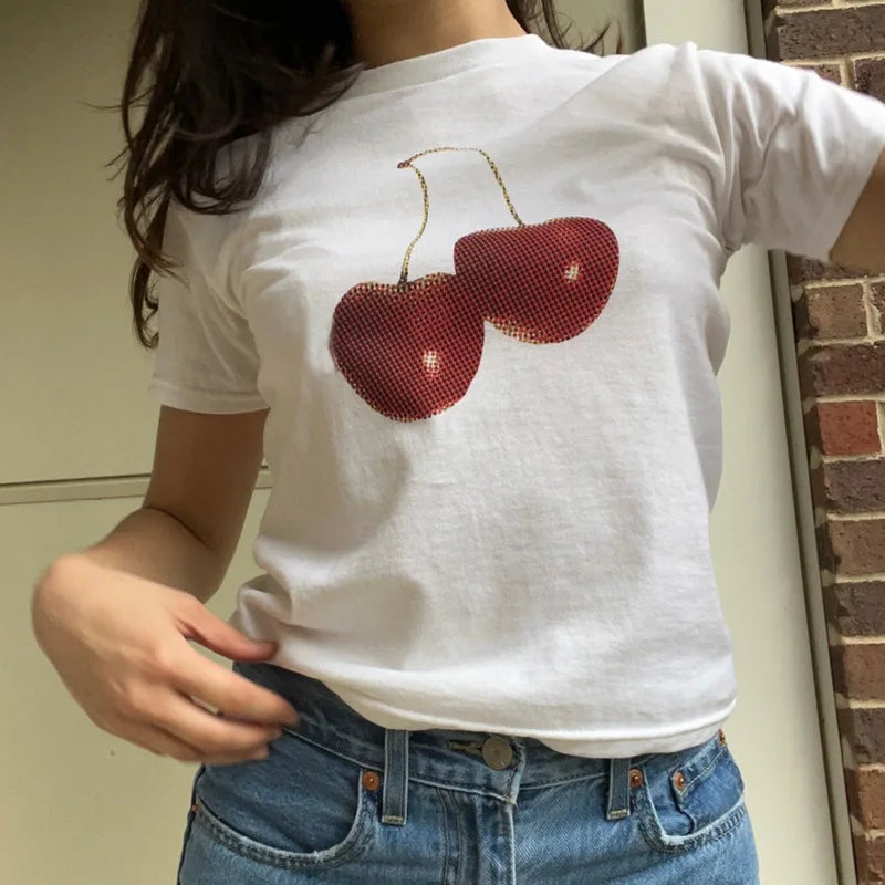 Womens Y2K Coquette Aesthetic Cherry Print Baby Tee Shirt