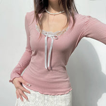 womens coquette aesthetic clothes with bows pink long sleeve top milkmaid top lettuce hem top y2k