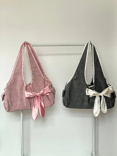 womens aesthetic coquette bow shoulder bag pink black matching outfits