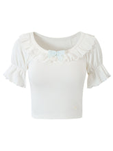 Kawaii Aesthetic Coquette Dollette Lace Neckline Rib Knit Tshirt Blouse