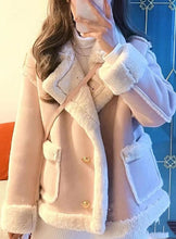 ladies pink coat for winter with white fur trim and gold buttons shearling