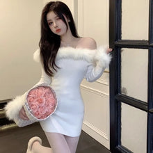 womens elegant dresses knit mini dress white fur lined off the shoulder dress