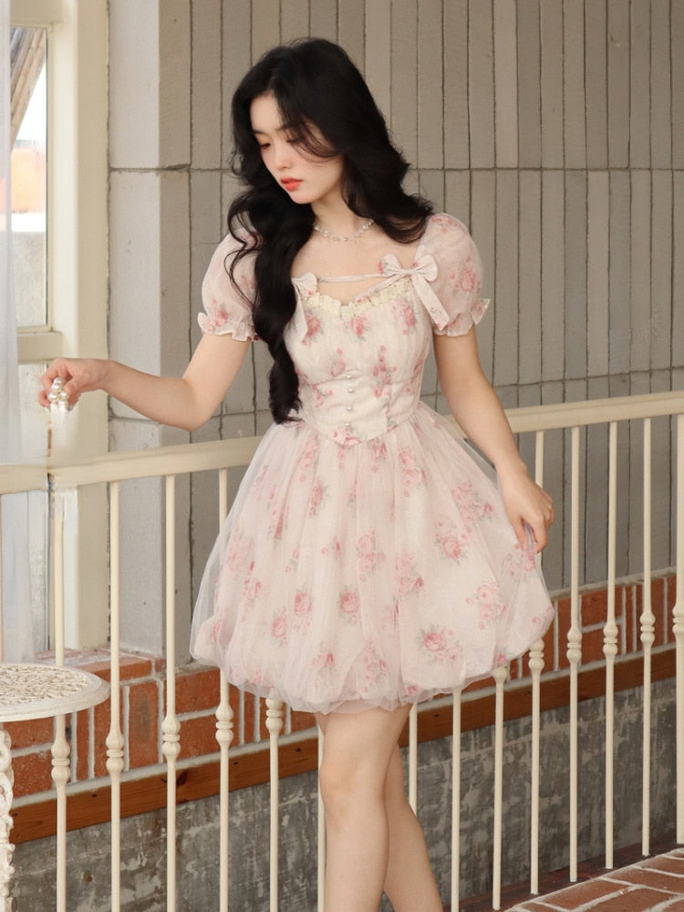 Coquette Aesthetic Soft Girl White Floral Puff Sleeve Dress