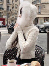 womens aesthetic clothes winter coquette white cropped cardigan with fur lined hood cable knit sweater cropped