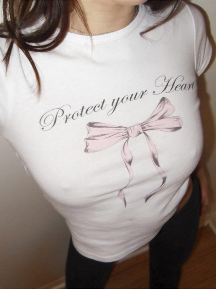 Kawaii Coquette Protect Your Heart Pink Bow Aesthetic Tshirt
