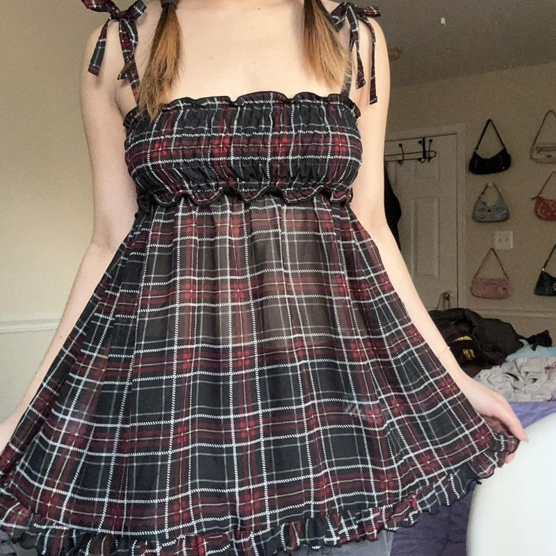 Harajuku Y2K 90s Vintage Whimsigoth Fairycore Black and Red Plaid Milkmaid  Top