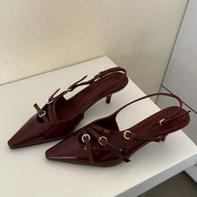womens dark red heels shoes kitten heel slingback pointed toe patent leather deep red pumps