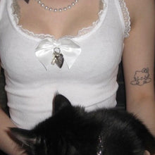 Kawaii Aesthetic Balletcore Coquette Dollette Silver Heart Charm White Tank Top