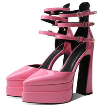 womens pink patent shoes pumps platform high heels pointed toe ankle strap