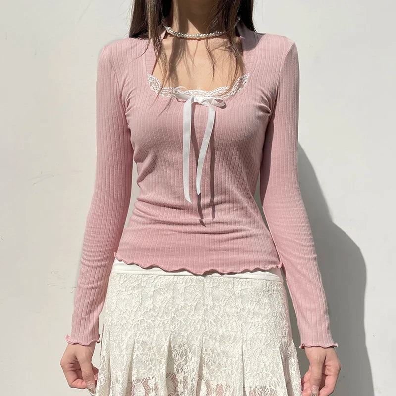 Womens Coquette Aesthetic Long Sleeve Pink Top with Bow
