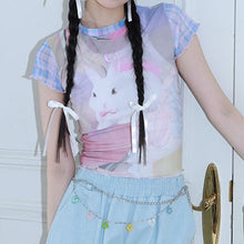 Harajuku Kawaii Aesthetic Pastel Y2K Bunny Print Mesh Tshirt