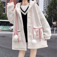 Harajuku Kawaii Aesthetic Dollette Pink Ribbon Pom Pom White Sherpa Coat