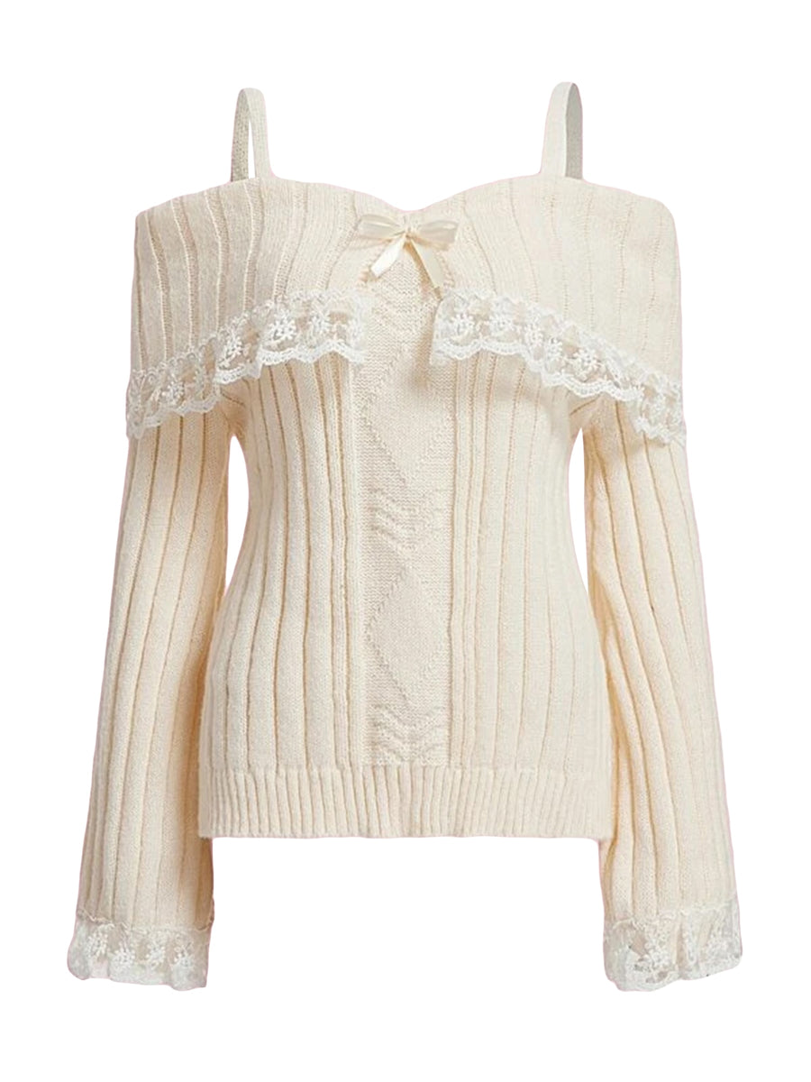 Kawaii Aesthetic Coquette Lace Trim Off Shoulder Sweater – The