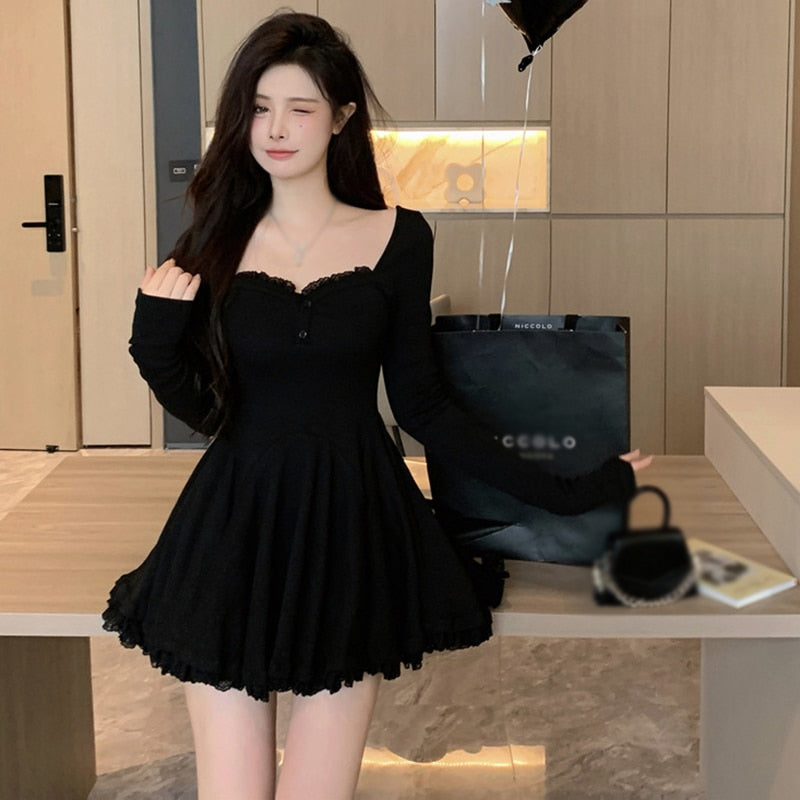 korean black dress Korean Style] A-line Long Sleeve Knitted One Piece Black Dress  Ordicle