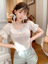 Kawaii Aesthetic Coquette Dollette Lace Neckline Rib Knit Tshirt Blouse