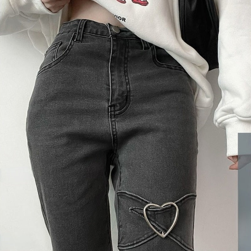 Harajuku Korean Style Y2K 90s High Waisted Gray Flared Jeans – The Kawaii  Factory