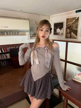 womens coquette outfits cold shoulder top gray long sleeve tops with bows