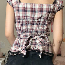 Harajuku Kawaii Aesthetic Y2K 2000s Fashion Short Sleeve Pink Plaid Fitted Button Up Shirt