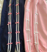 blokette coquette aesthetic womens navy blue pink jogger pants with bows
