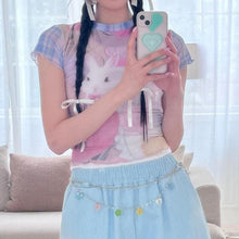 Harajuku Kawaii Aesthetic Pastel Y2K Bunny Print Mesh Tshirt