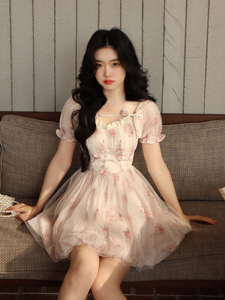 Coquette Aesthetic Soft Girl White Floral Puff Sleeve Dress – The Kawaii  Factory