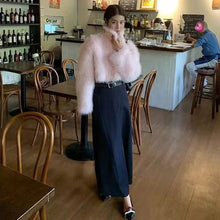 womens korean fashion aesthetic outfits light pink winter coat cropped fur jacket maxi skirt