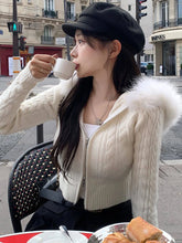 womens aesthetic y2k winter coquette cream cable knit sweater ivory cropped cardigan zipper hoodie with fur trimmed hood