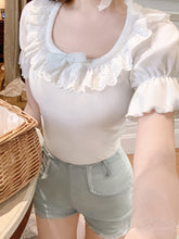 Kawaii Aesthetic Coquette Dollette Lace Neckline Rib Knit Tshirt Blouse