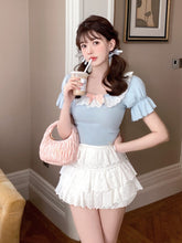 Kawaii Aesthetic Coquette Dollette Lace Neckline Rib Knit Tshirt Blouse