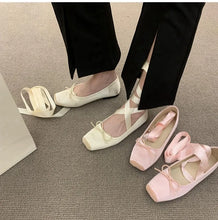womens aesthetic shoes square toe ballet flats pink ivory criss cross laces